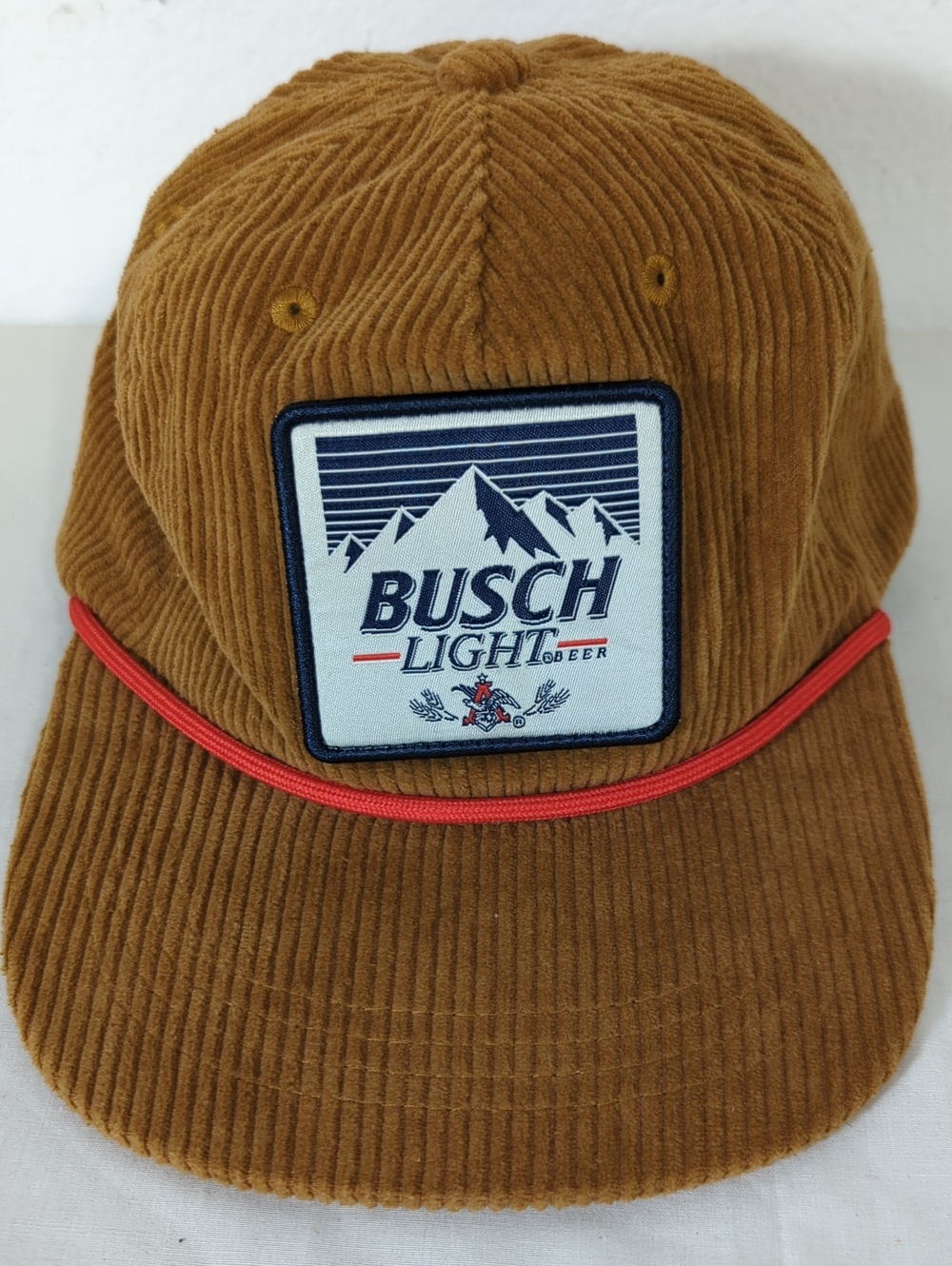 Busch Light Corduroy Trucker Hat in Brown with Red Trim